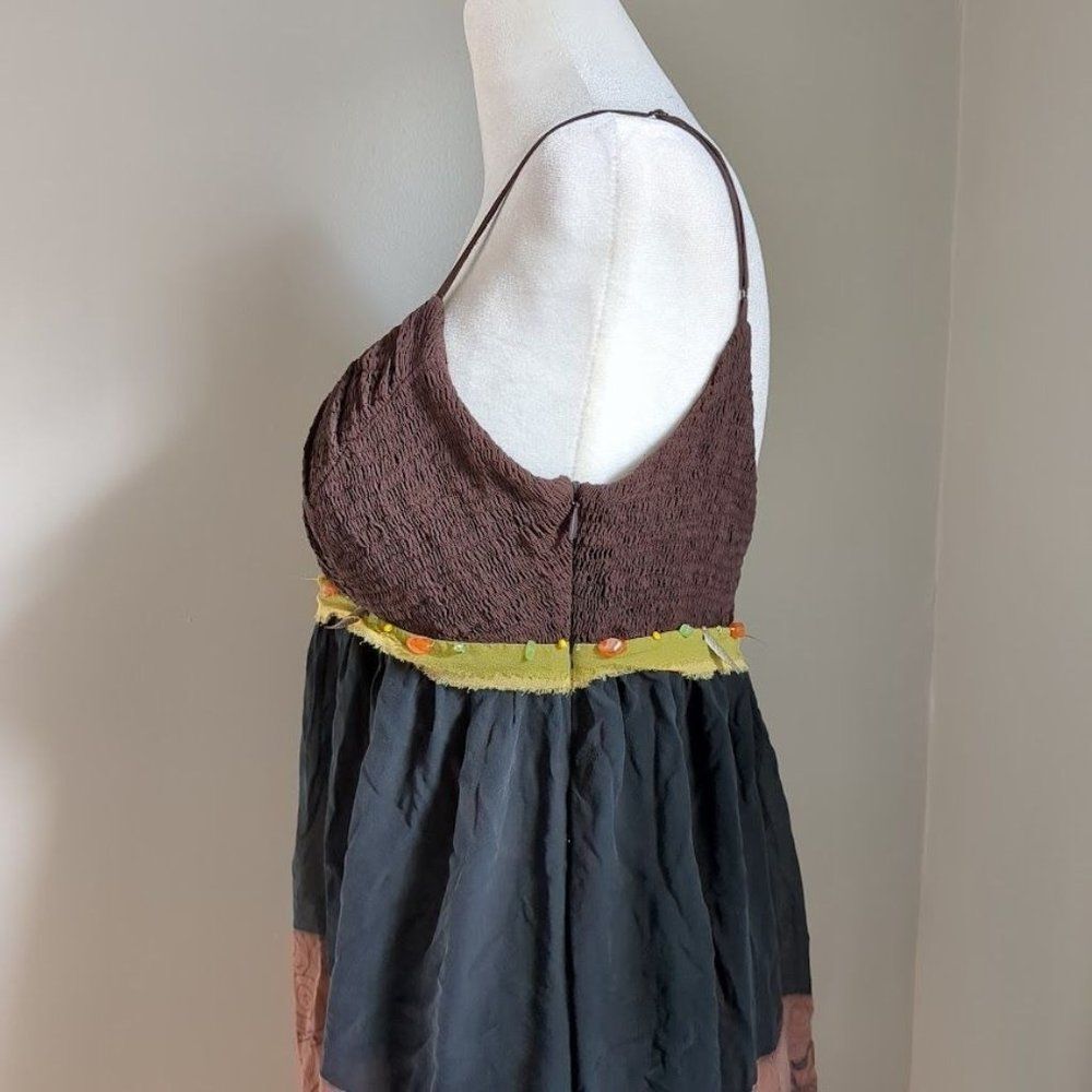 Vintage y2k Sue Wong Dress Silk Tribal Earth Fairycore Feather Beaded Size 4 - Picture 11 of 14